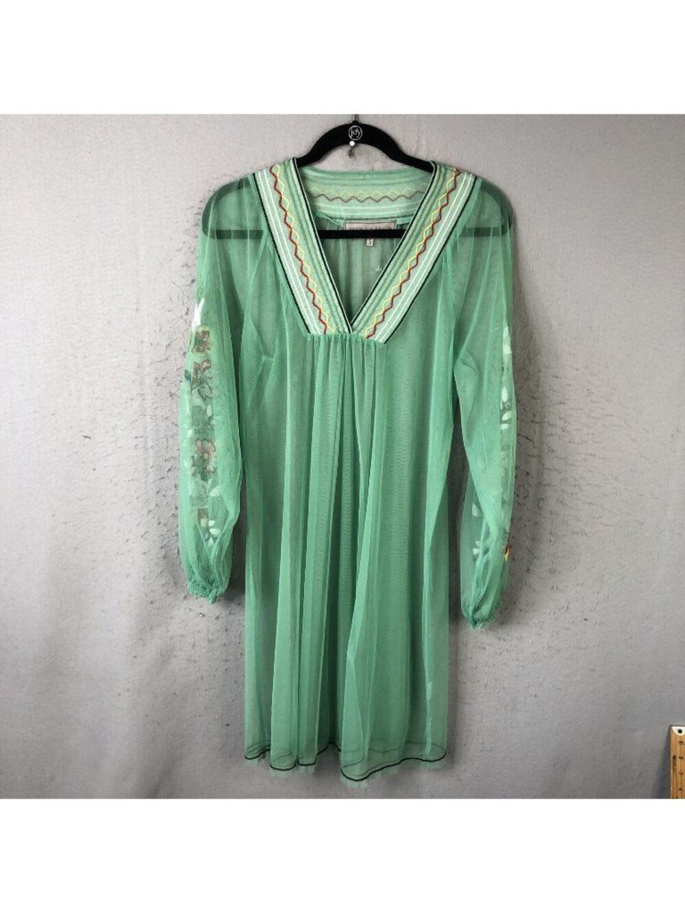 Double D Ranch Dress Womens S Green Sheer Mesh Kaftan Embroidered Boho Western
